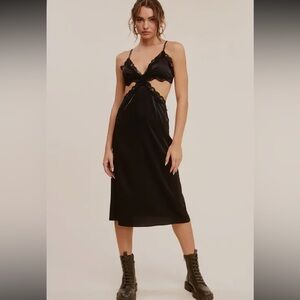 762. Satin lace cut-out midi dress in black.